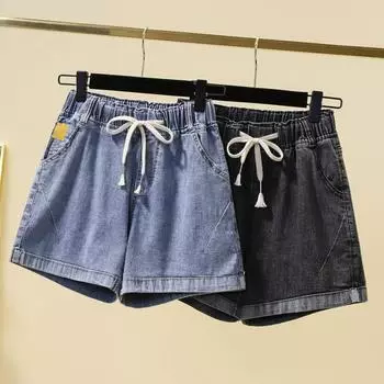 DIMANAF Большие размеры 2024, женские брюки, летние короткие джинсы с эластичной резинкой на талии, джинсовые трапециевидные базовые женские модные свободные брюки оверсайз