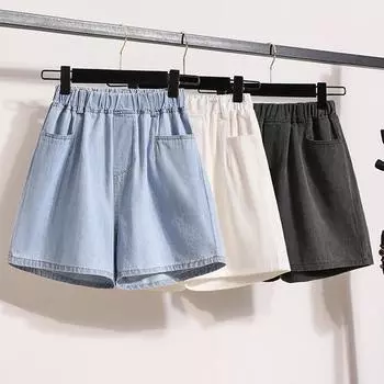 DIMANAF Большие размеры 2024, женские брюки, летние короткие джинсы, джинсовые свободные брюки с высокой талией и эластичной резинкой на талии, базовые шорты синего цвета 5XL XL синий