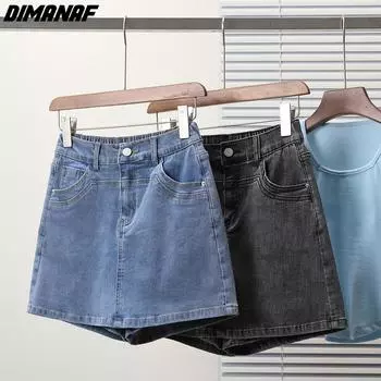 DIMANAF Большие размеры 2024, женские брюки, летние короткие джинсы, свободные брюки с высокой талией и эластичной резинкой на талии, базовые джинсовые шорты 5XL, повседневные