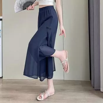 Dimanaf Большие размеры 2024, женские брюки, женские шифоновые однотонные широкие брюки, эластичные брюки, летние тонкие брюки 5XL S чёрный