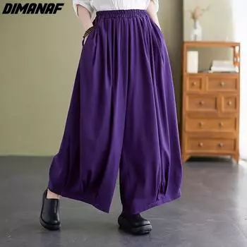 DIMANAF Большие размеры 2024, женские льняные брюки, эластичные винтажные корейские базовые женские однотонные модные брюки, широкие свободные брюки оверсайз