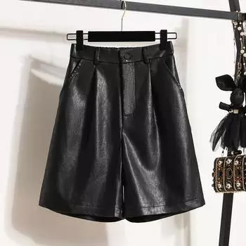 DIMANAF Plus Size 2024 Женские Осенние Короткие Брюки Из Искусственной Кожи Теплые Винтажные Базовые Женские Однотонные Модные Брюки Широкие Штаны Оверсайз Свободные Брюки A M чёрный