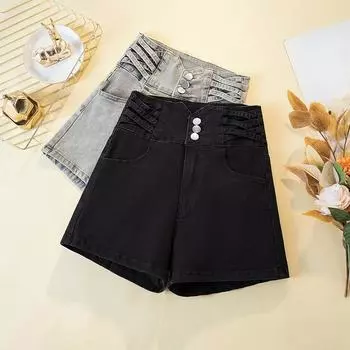 DIMANAF женские шорты брюки летние свободные джинсы короткие базовые шаровары эластичный пояс высокая талия А-силуэт брюки S чёрный