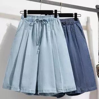 DIMANAF Большие размеры 2024, женские шорты, брюки, летние джинсы с поясом, короткие свободные шаровары с эластичной резинкой на талии, синие брюки 5XL