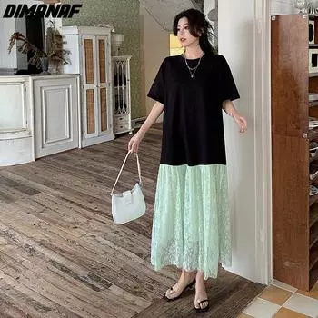 DIMANAF Большие размеры 2024, женское летнее макси кружевное длинное платье с круглым вырезом, базовые свободные платья больших размеров с короткими рукавами, винтажные