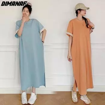 DIMANAF Большие размеры 2024, женское летнее длинное платье большого размера, свободное базовое длинное платье с круглым вырезом и коротким рукавом, с разрезом