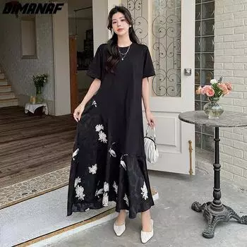 DIMANAF Большие размеры 2024, женское летнее винтажное кружевное платье больших размеров из двух предметов, свободное платье, длинные повседневные однотонные платья L чёрный