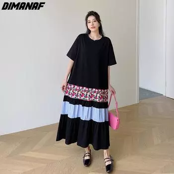 DIMANAF Большие размеры 2024, женское летнее длинное платье большого размера с круглым вырезом, базовые плиссированные свободные платья с короткими рукавами макси