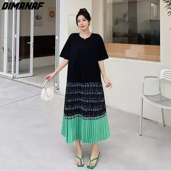 DIMANAF Большие размеры 2024, женское летнее новое длинное платье с круглым вырезом, базовые свободные платья больших размеров с короткими рукавами, макси, винтажное