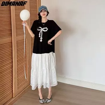 DIMANAF Большие размеры 2024, женское летнее длинное платье макси, плиссированные базовые свободные платья больших размеров с короткими рукавами, винтажные