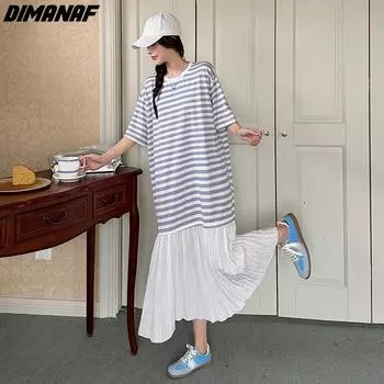 DIMANAF Большие размеры 2024, женское летнее длинное платье макси, базовые свободные полосатые платья с короткими рукавами, фиолетовые платья DIMANAF