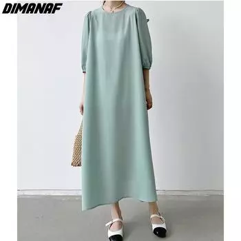 DIMANAF Большие размеры 2024, женское летнее длинное платье макси, базовые свободные однотонные шифоновые платья с половиной рукавом