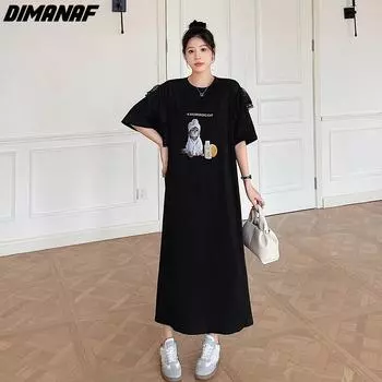 DIMANAF Большие размеры 2024, женское летнее длинное платье макси, кружевное базовое платье большого размера, свободные платья с оборками и коротким рукавом, винтажное
