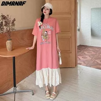 DIMANAF Большие размеры 2024, женское летнее платье оверсайз с винтажным принтом, кружевное платье, свободное платье, длинные повседневные платья с короткими рукавами