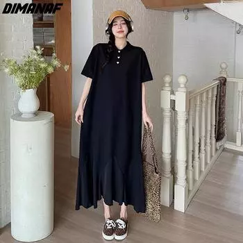 DIMANAF Большие размеры 2024, женское летнее длинное платье большого размера, свободное платье, базовые платья с длинными рукавами и короткими рукавами, повседневное
