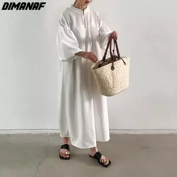 DIMANAF Большие размеры 2024, женское летнее длинное платье макси с рюшами, базовые свободные винтажные платья на молнии большого размера