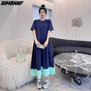 DIMANAF Большие размеры 2024, женское летнее длинное платье большого размера, свободные базовые длинные платья с круглым вырезом и короткими рукавами, плиссированные