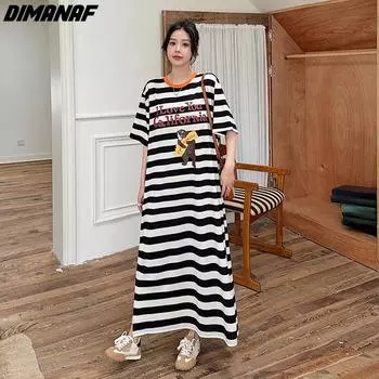 DIMANAF Большие размеры 2024, женское летнее длинное платье макси, кружевное базовое платье больших размеров, свободные полосатые платья с короткими рукавами, винтажное