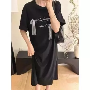 Dimanaf Большие размеры 2024, женское летнее длинное платье, хлопковое свободное платье с буквенным принтом, базовое кружевное черное платье с длинным рукавом и коротким рукавом, повседневное 760