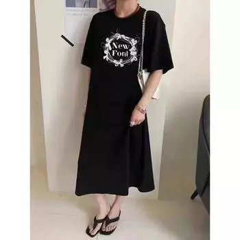 DIMANAF Большие размеры 2024, женское летнее длинное платье, хлопковое свободное платье с буквенным принтом, базовое черное платье с длинным рукавом и короткими рукавами, повседневное