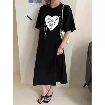 DIMANAF Большие размеры 2024, женское летнее длинное платье, хлопковое свободное платье с буквенным принтом, базовые черные платья с длинными рукавами и короткими рукавами, повседневное 758