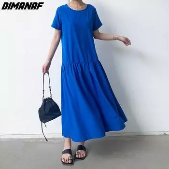DIMANAF Большие размеры 2024, женское летнее длинное платье макси, базовые свободные хлопковые однотонные повседневные мягкие платья больших размеров
