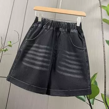 Dimanaf Большие размеры 2025 летние джинсы женские шорты брюки эластичные короткие с высокой талией повседневные базовые свободные брюки макси M чёрный