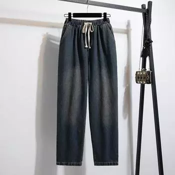 Dimanaf Большие размеры 2025 женские брюки летние свободные джинсы длинные базовые брюки с высокой талией эластичный пояс 5XL L темно-синий