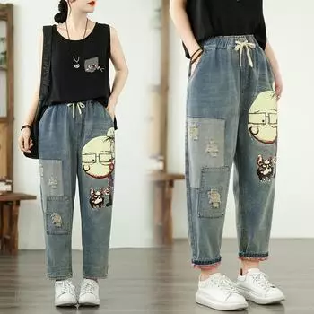 Dimanaf Большие размеры 2025 Женские брюки Летние свободные джинсы с высокой талией и принтом Шаровары с эластичной талией M синий