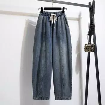 Dimanaf Большие размеры 2025 женские длинные брюки летние свободные джинсы с высокой талией базовые брюки с эластичной резинкой на талии 5XL S синий