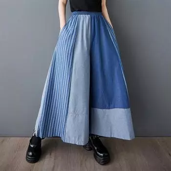 Dimanaf Большие размеры 2025 женские длинные брюки летние свободные джинсы повседневные полосатые брюки с высокой талией эластичный пояс One Size синий