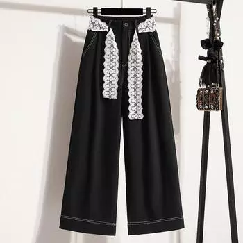 Dimanaf Большие размеры длинные брюки женские летние однотонные с высокой талией эластичные повседневные шаровары свободные брюки новые L чёрный