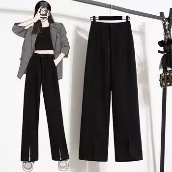 DIMANAF Большие размеры Длинные брюки женские весна лето однотонные разрезные с высокой талией повседневные шаровары свободные брюки новые S чёрный