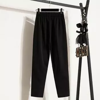 Dimanaf Большие размеры летние длинные брюки женские эластичный пояс повседневные свободные винтажные брюки новые однотонные брюки L чёрный