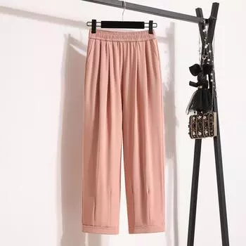 Dimanaf Большие размеры летние длинные брюки женские эластичный пояс повседневные свободные винтажные брюки новые однотонные брюки L розовый