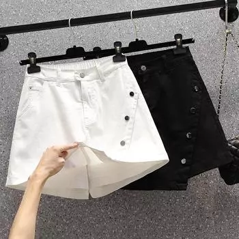 DIMANAF Большие размеры Летние шорты Брюки Поддельные двухсекционные пуговицы Кюлоты Женские эластичные брюки Свободные повседневные женские базовые брюки Белые 5XL XL чёрный