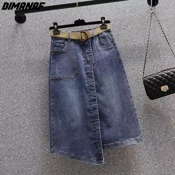 DIMANAF Большие размеры, летние женские джинсовые юбки, женская одежда, синяя модная джинсовая юбка трапециевидной формы с поясом на талии XL синий