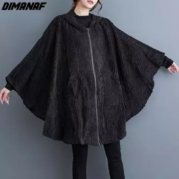 DIMANAF Большие размеры осень-зима женские куртки пальто черные оверсайз с рукавами «летучая мышь» повседневные винтажные вельветовые свободные молнии с капюшоном