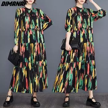 DIMANAF Большие размеры весна-лето женское платье модное пляжное элегантное шифоновое длинное платье оверсайз свободное платье-рубашка на пуговицах черный с принтом