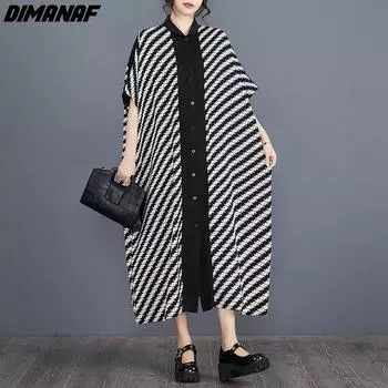 DIMANAF Большие размеры весна-лето женское платье элегантное женское шифоновое длинное платье оверсайз свободное платье-рубашка на пуговицах винтажное черное платье с принтом