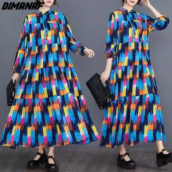 DIMANAF Большие размеры весна-лето женское платье модное пляжное элегантное шифоновое длинное платье оверсайз свободное платье-рубашка на пуговицах с принтом синего цвета