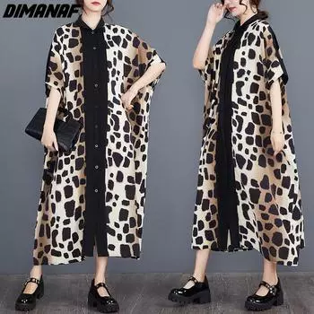 DIMANAF Большие размеры весна-лето женское платье пляжное элегантное женское шифоновое длинное платье оверсайз свободное платье-рубашка на пуговицах черный с принтом