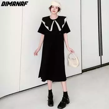 DIMANAF Большие размеры женские 2024 новое летнее длинное хлопковое платье большого размера повседневное свободное платье милые платья с короткими рукавами черного цвета