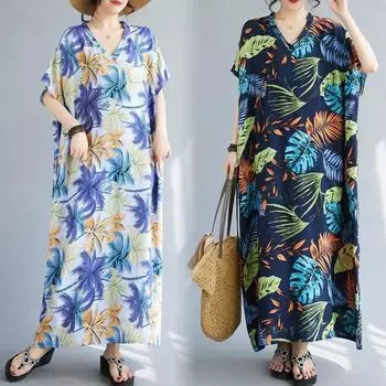 DIMANAF Большие размеры женские 2024 новое летнее богемное свободное платье винтажное платье с v-образным вырезом базовые длинные платья One Size чёрный