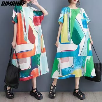 DIMANAF Большие размеры женские 2024 новое летнее стильное пляжное платье длинное платье модные свободные повседневные платья с принтом