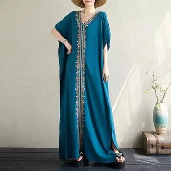 DIMANAF Большие размеры женские 2024 новое летнее богемное платье винтажное платье с v-образным вырезом базовые свободные длинные платья One Size хаки