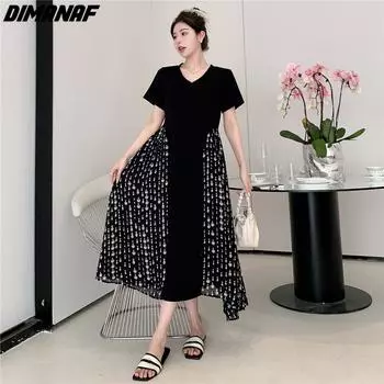 DIMANAF Большие размеры женские 2024 новые летние длинные платья оверсайз с v-образным вырезом повседневное платье-футболка с короткими рукавами