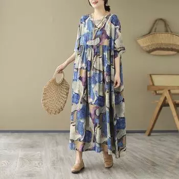 DIMANAF Большие размеры женские 2024 винтажные летние длинные базовые повседневные свободные богемные принты с круглым вырезом оверсайз новое пляжное платье-футболка