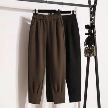 DIMANAF Большие размеры Женские длинные брюки оверсайз Брюки с эластичной талией Винтажные повседневные свободные Осень Зима 2025 L чёрный