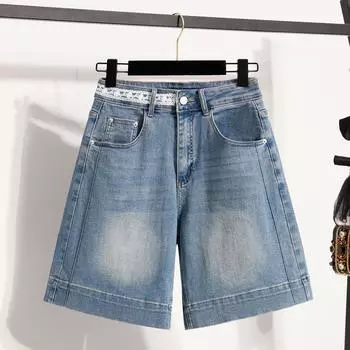 DIMANAF Большие размеры Женские джинсы Шорты Брюки Летние свободные короткие Базовые брюки с высокой талией Однотонные брюки с эластичной талией Макси XL синий